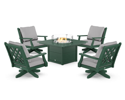 Country Living Wovendale 5-Piece Deep Seating Swivel Conversation Set with Fire Pit Table in Green / Granite