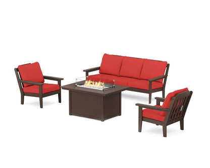 Country Living Cottage Deep Seating Fire Pit Table Set in Mahogany / Crimson Linen