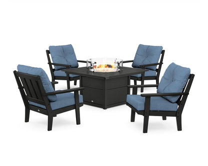 POLYWOOD® Oxford 5-Piece Deep Seating Set with Fire Pit Table in Black / Sky Blue