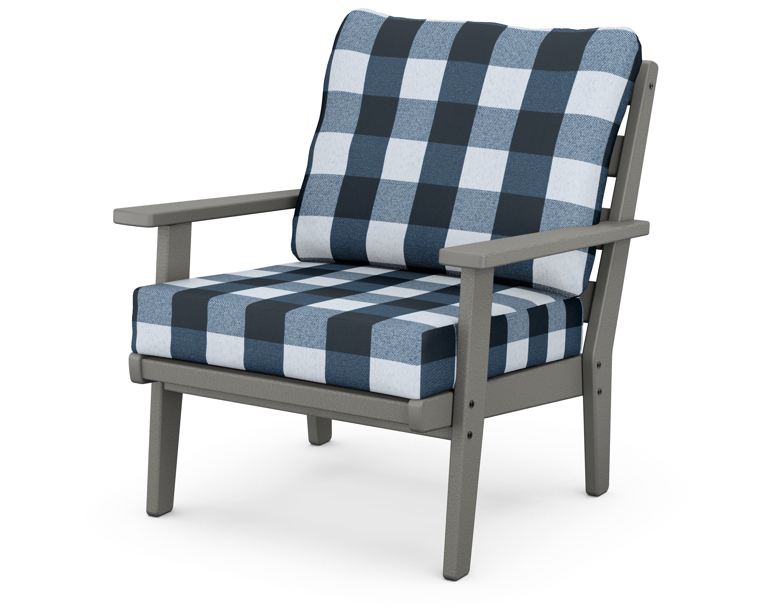 POLYWOOD® Grant Park Deep Seating Chair in Slate Grey / Buffalo Plaid Marine Indigo