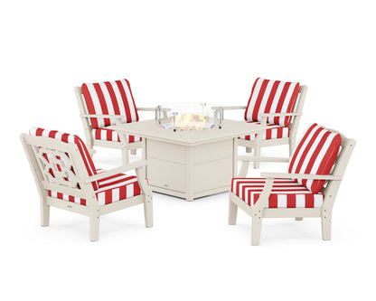 Martha Stewart by POLYWOOD® Chinoiserie 5-Piece Deep Seating Set with Fire Pit Table in Sand / Cabana Stripe Crimson