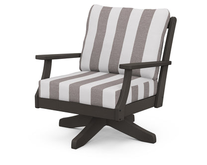 POLYWOOD® Braxton Deep Seating Swivel Chair in Vintage Coffee / Cabana Stripe Grey Mist