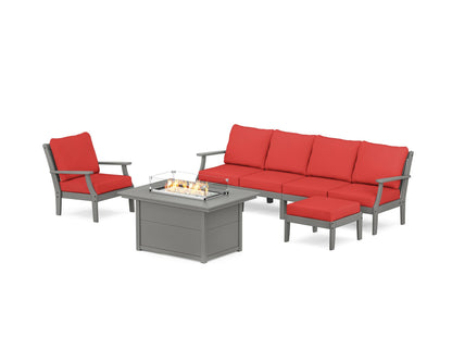 POLYWOOD® Braxton Sectional Lounge and Fire Pit Set in Slate Grey / Crimson Linen