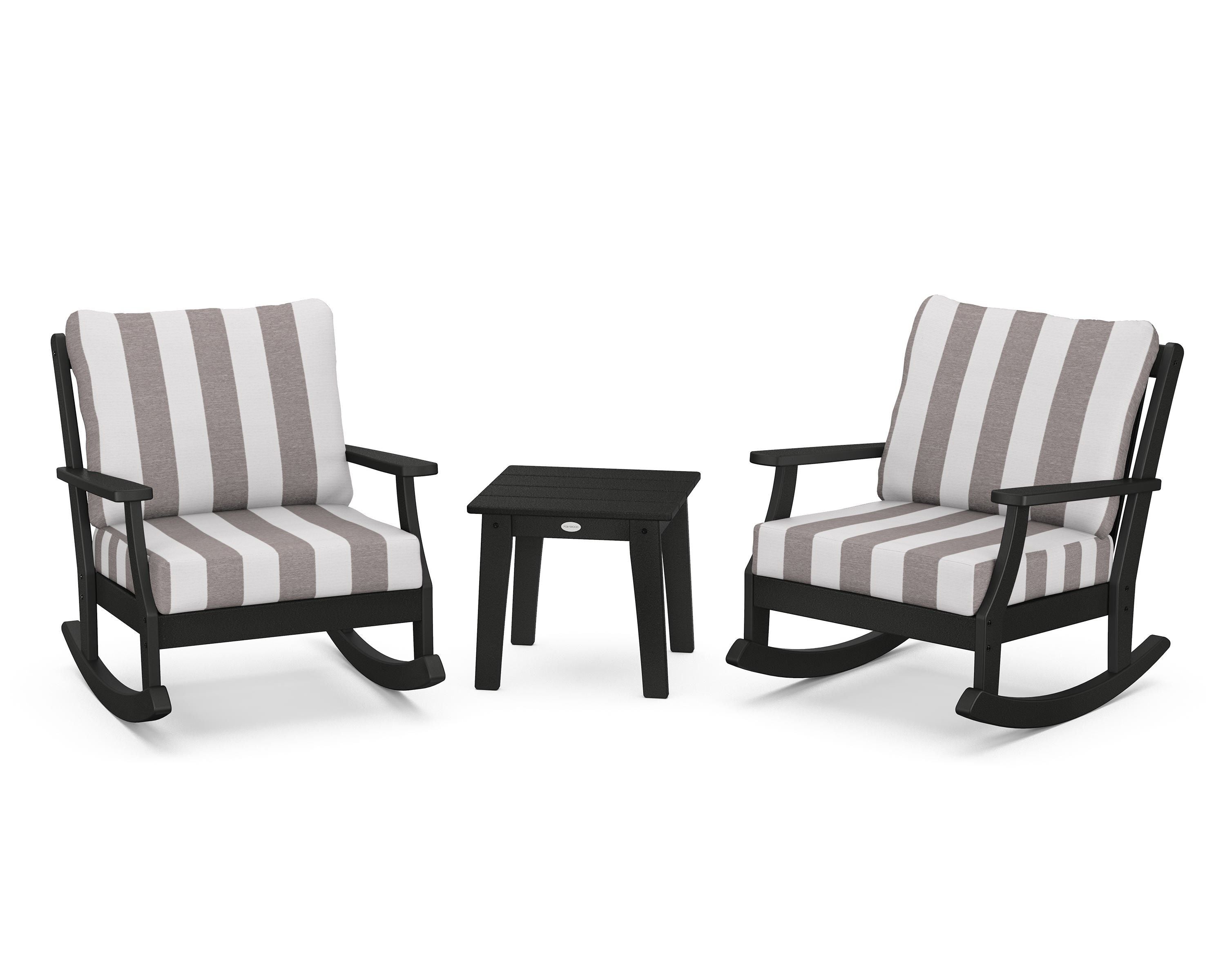 POLYWOOD® Braxton 3-Piece Deep Seating Rocker Set in Black / Cabana Stripe Grey Mist