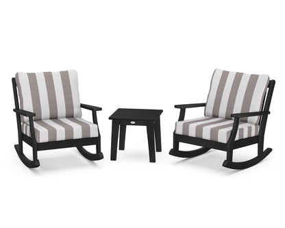 POLYWOOD® Braxton 3-Piece Deep Seating Rocker Set in Black / Cabana Stripe Grey Mist