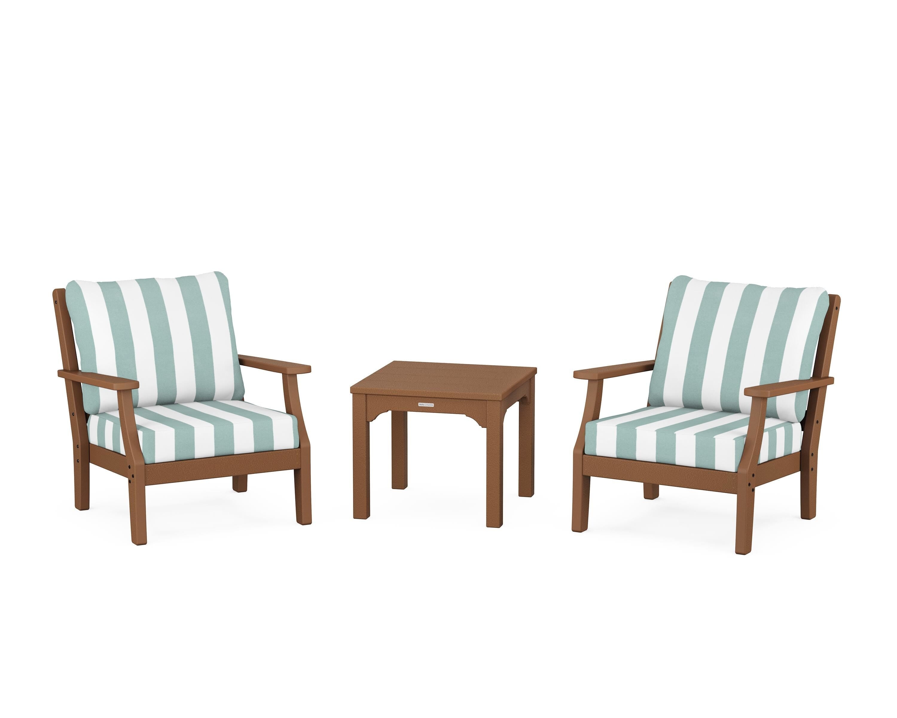 Martha Stewart by POLYWOOD® Chinoiserie 3-Piece Deep Seating Set in Teak / Cabana Stripe Glacier Spa