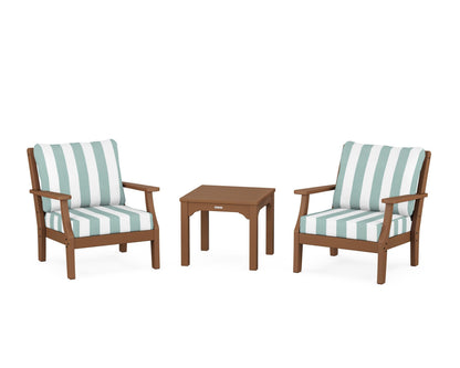Martha Stewart by POLYWOOD® Chinoiserie 3-Piece Deep Seating Set in Teak / Cabana Stripe Glacier Spa