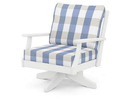 POLYWOOD® Braxton Deep Seating Swivel Chair in White / Buffalo Plaid Sky Blue
