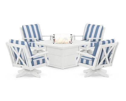 POLYWOOD® Braxton 5-Piece Deep Seating Swivel Conversation Set with Fire Pit Table in White / Cabana Stripe Sky Blue