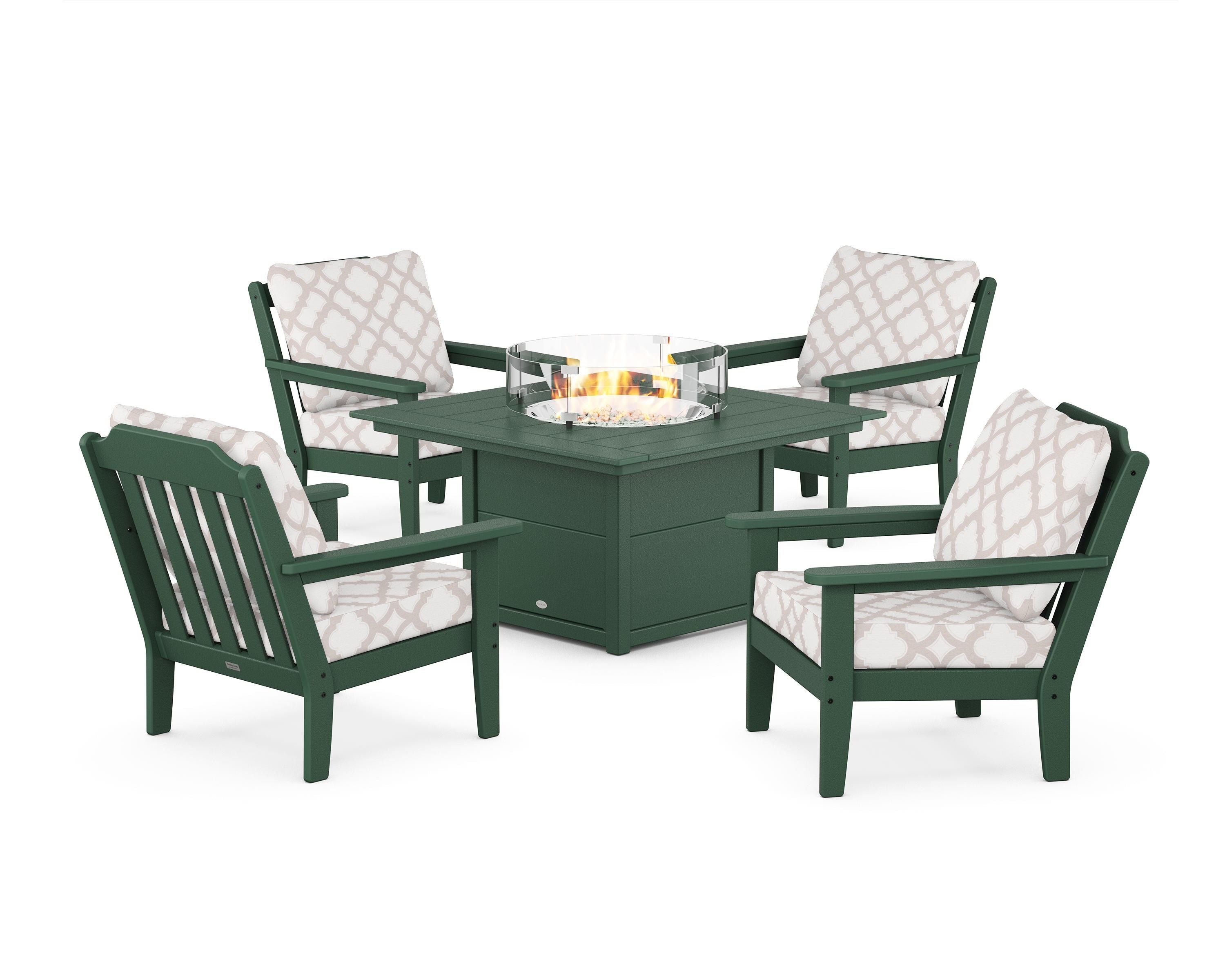 Country Living Cottage 5-Piece Deep Seating Set with Fire Pit Table in Green / Trellis Dune Burlap