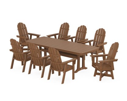 POLYWOOD® Vineyard Curveback Adirondack Swivel 9-Piece Dining Set with Trestle Legs in Teak