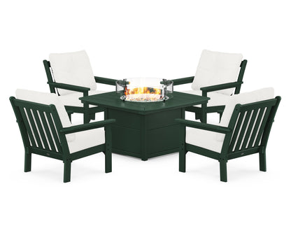POLYWOOD® Vineyard 5-Piece Conversation Set with Fire Pit Table in Green / Natural Linen