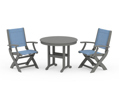 POLYWOOD® Coastal Folding Chair 3-Piece Round Dining Set in Slate Grey / Poolside Sling