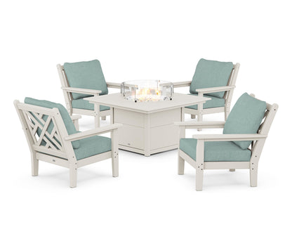 POLYWOOD® Chippendale 5-Piece Deep Seating Set with Fire Pit Table in Sand / Glacier Spa