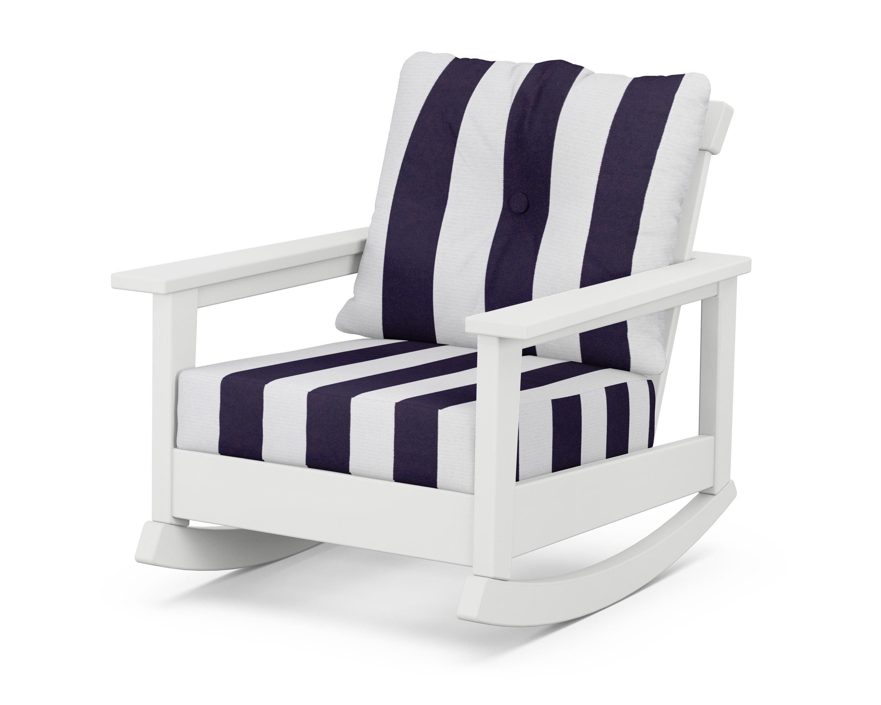 POLYWOOD® Prescott Deep Seating Rocking Chair in White / Cabana Stripe Navy