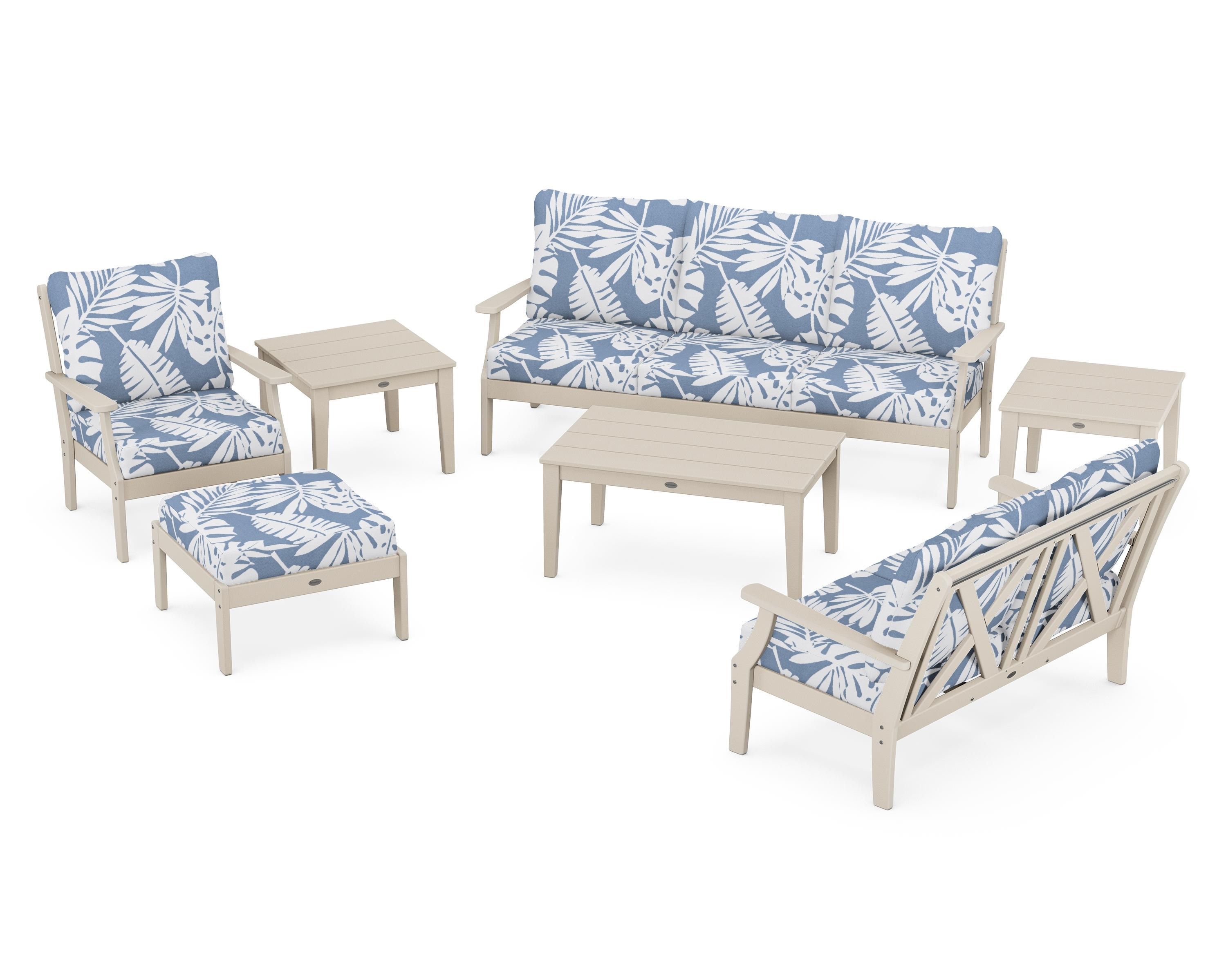 POLYWOOD® Braxton 7-Piece Deep Seating Set in Sand / Leaf Sky Blue