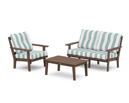 POLYWOOD® Oxford 3-Piece Deep Seating Set with Loveseat in Mahogany / Cabana Stripe Glacier Spa