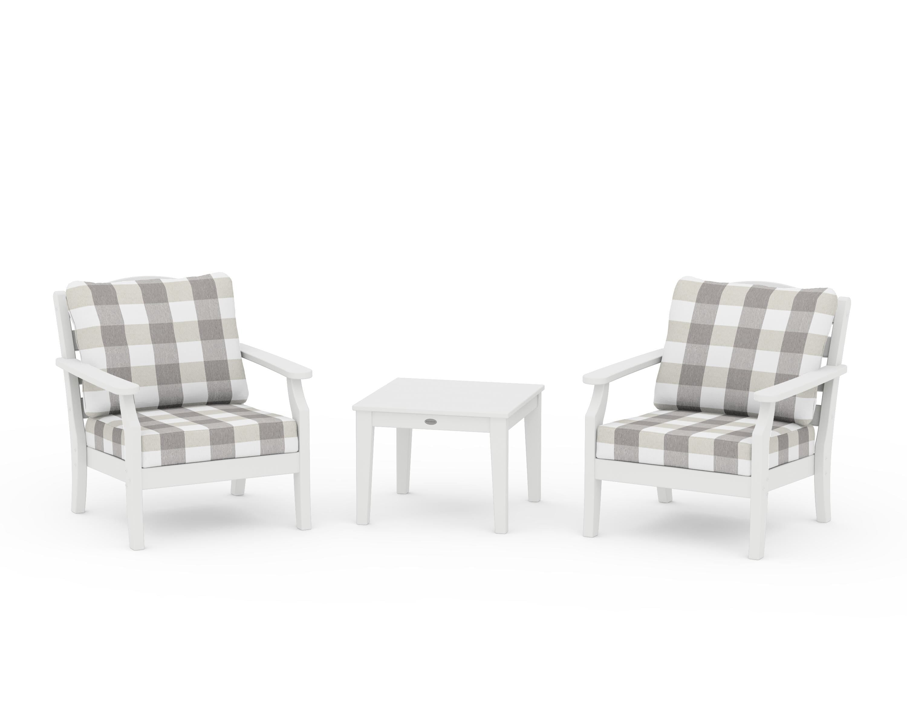 Draper James™ by  POLYWOOD® Savannah 3-Piece Deep Seating Set in White / Buffalo Plaid Grey Mist