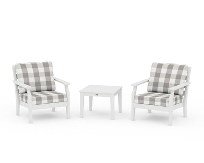 Draper James™ by  POLYWOOD® Savannah 3-Piece Deep Seating Set in White / Buffalo Plaid Grey Mist
