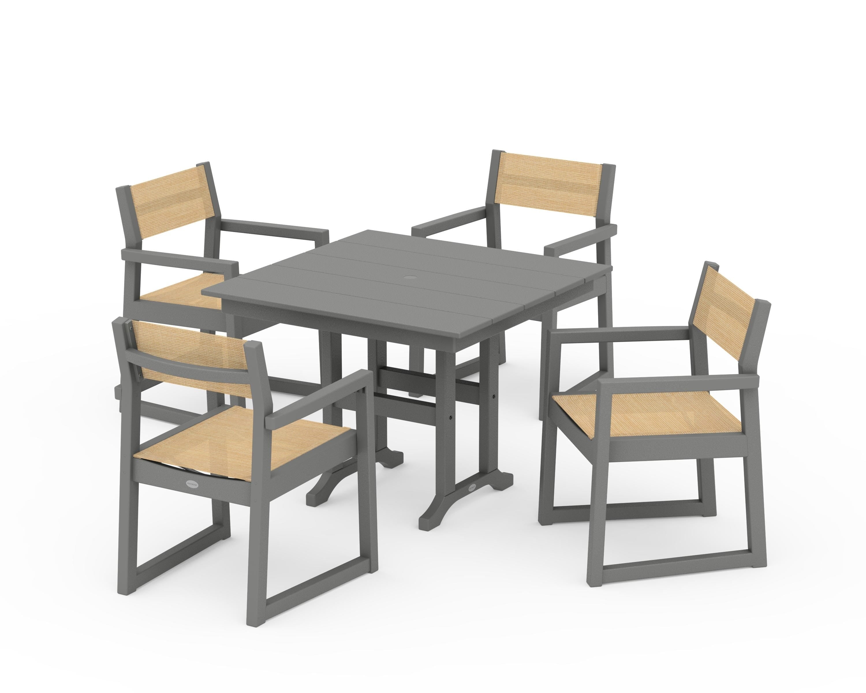 POLYWOOD® EDGE Sling Arm Chair 5-Piece Farmhouse Dining Set in Slate Grey / Dupioni Apricot Sling