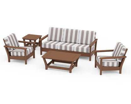 POLYWOOD® Harbour 5-Piece Deep Seating Set in Teak / Cabana Stripe Grey Mist