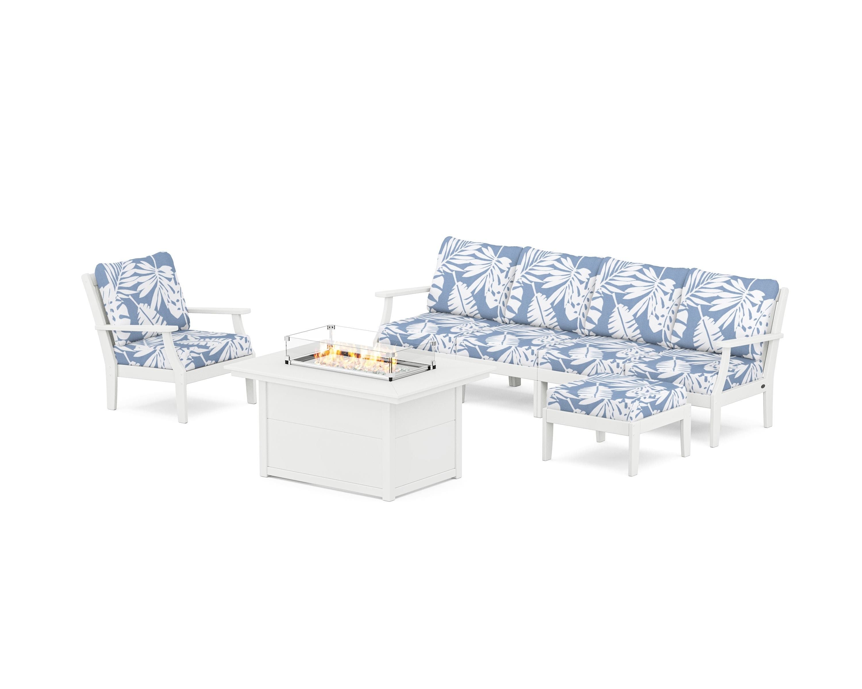 POLYWOOD® Braxton Sectional Lounge and Fire Pit Set in White / Leaf Sky Blue