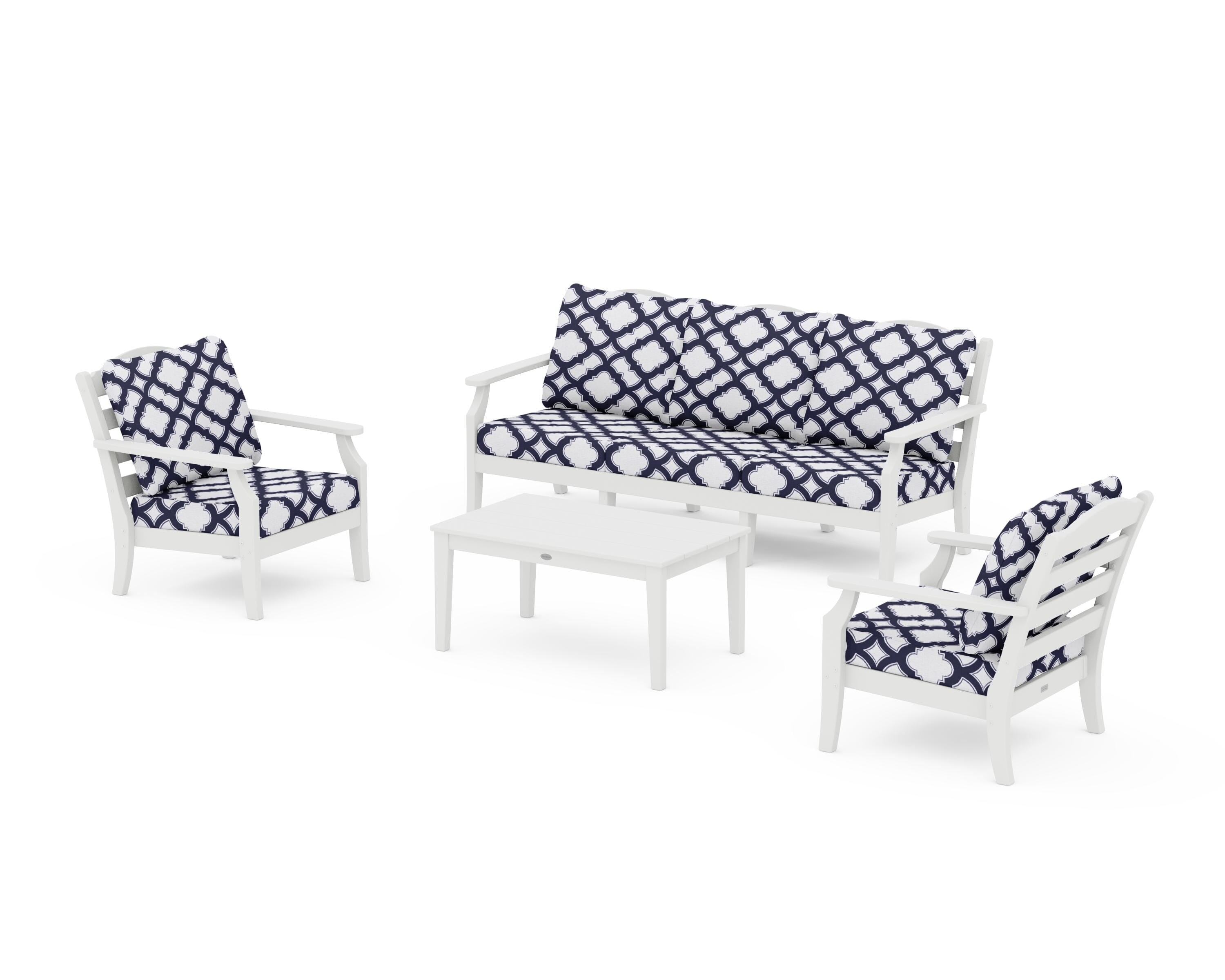 Draper James™ by  POLYWOOD® Savannah 4-Piece Deep Seating Set with Sofa in White / Trellis Navy