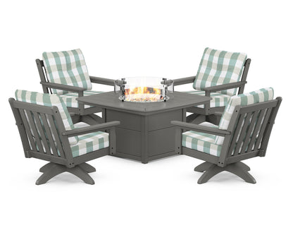 POLYWOOD® Vineyard 5-Piece Deep Seating Swivel Conversation Set with Fire Pit Table in Slate Grey / Buffalo Plaid Glacier Spa