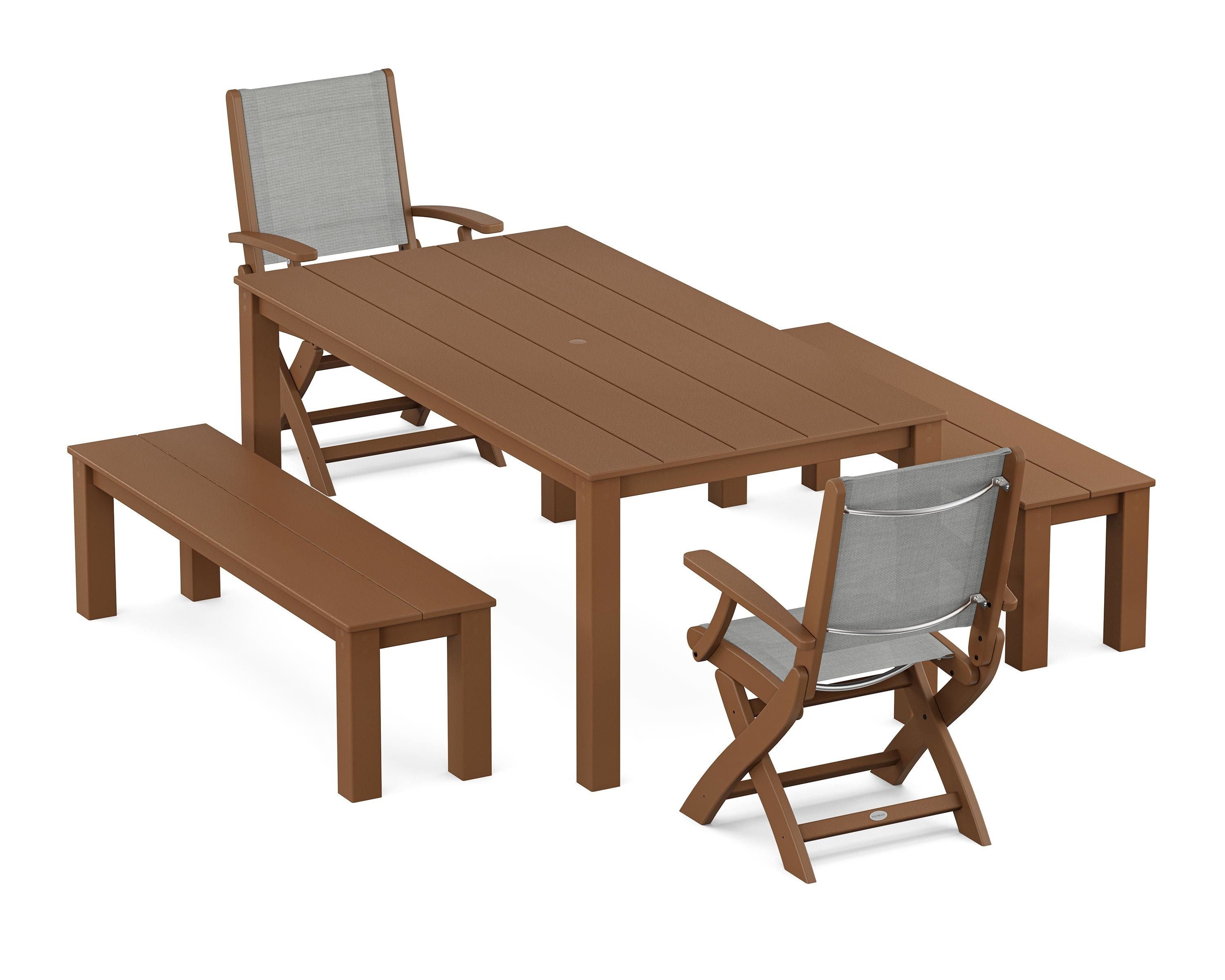 POLYWOOD® Coastal Folding Chair 5-Piece Parsons Dining Set with Benches in Teak / Metallic Sling