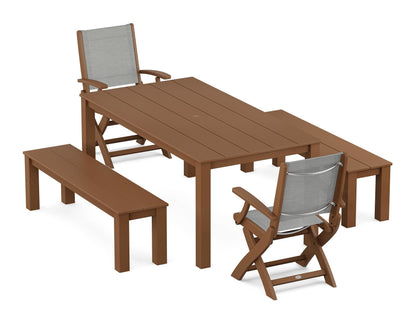 POLYWOOD® Coastal Folding Chair 5-Piece Parsons Dining Set with Benches in Teak / Metallic Sling