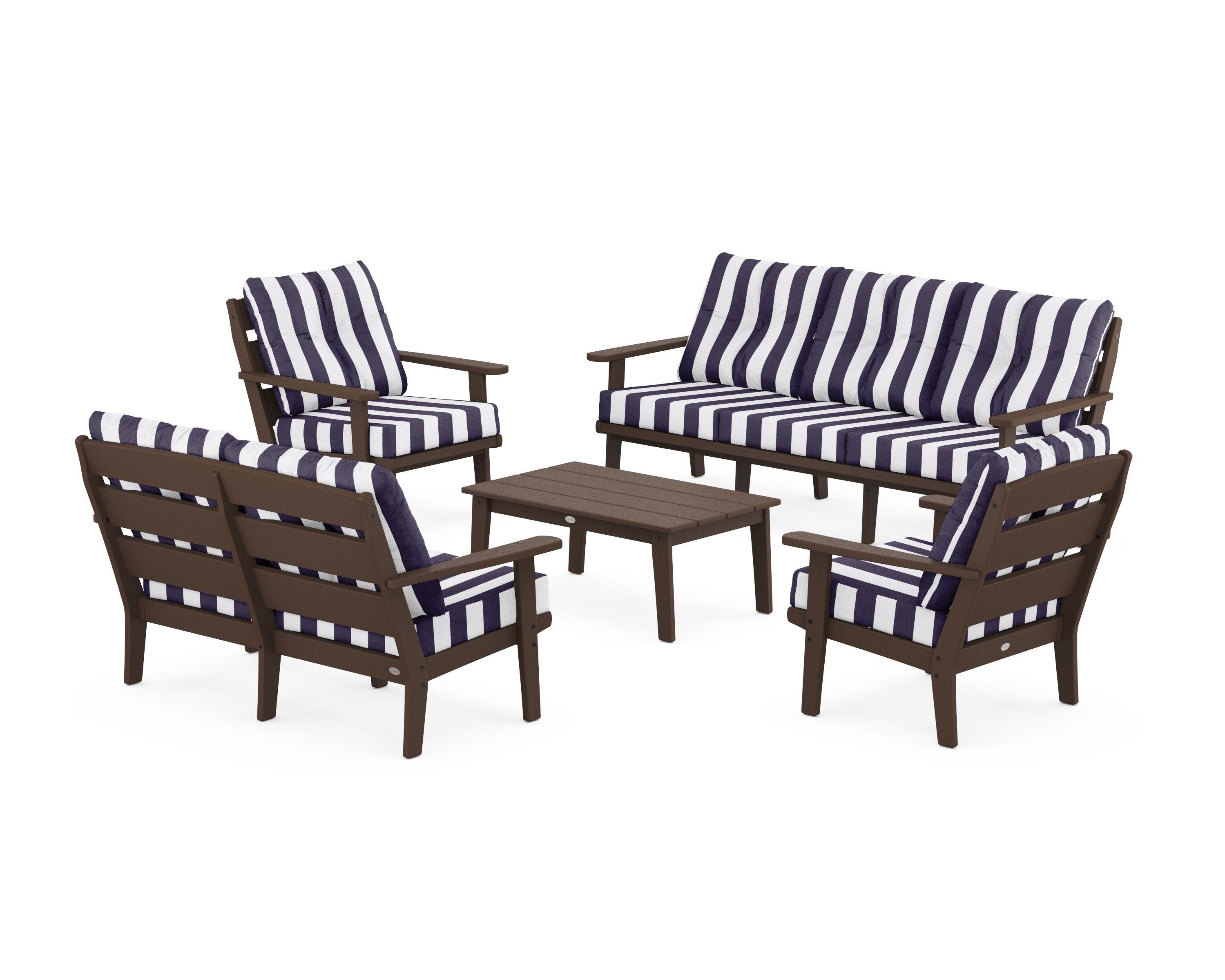 POLYWOOD® Lakeside 5-Piece Lounge Sofa Set in Mahogany / Cabana Stripe Navy