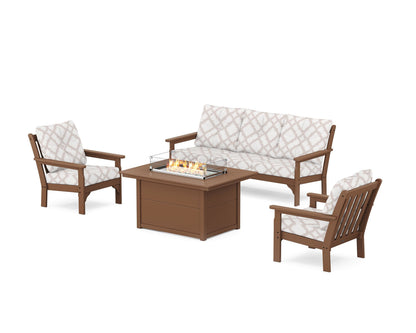 POLYWOOD® Vineyard Deep Seating Fire Pit Table Set in Teak / Trellis Dune Burlap