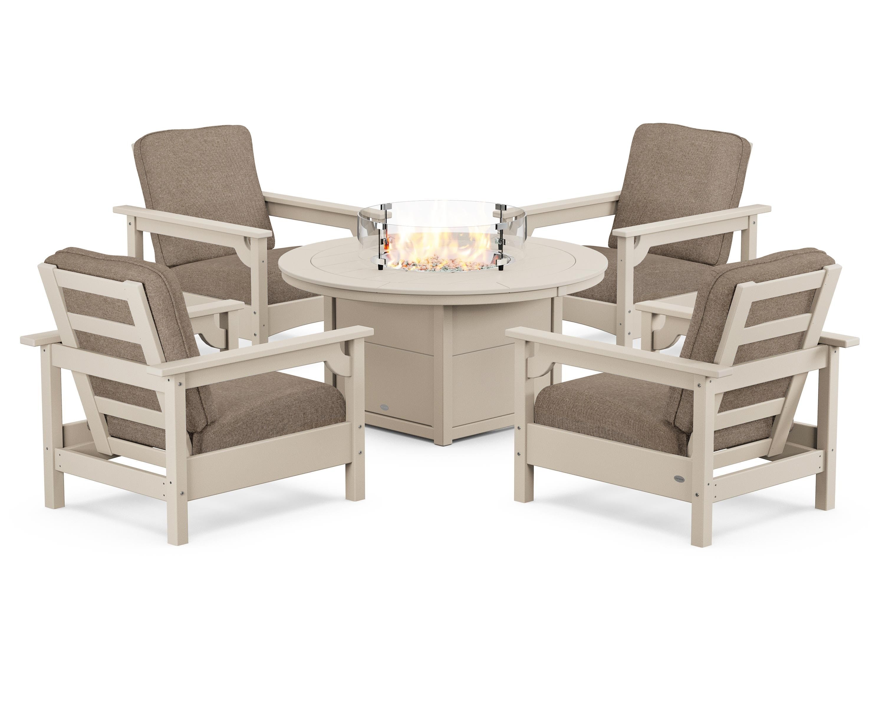 POLYWOOD® Club 5-Piece Conversation Set with Fire Pit Table in Sand / Spiced Burlap