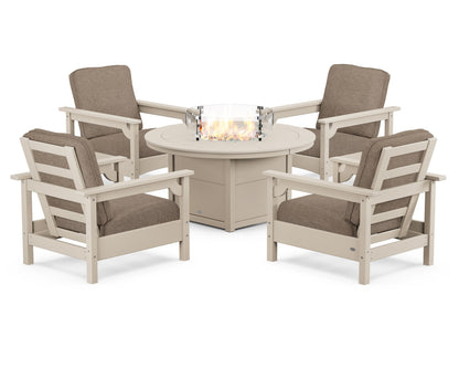 POLYWOOD® Club 5-Piece Conversation Set with Fire Pit Table in Sand / Spiced Burlap