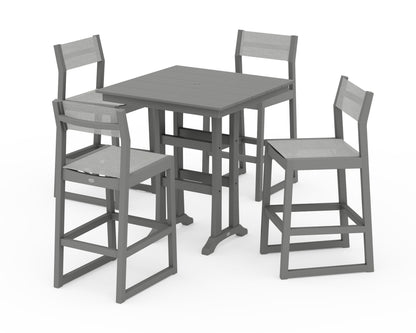 POLYWOOD® EDGE Sling Arm Chair 5-Piece Farmhouse Bar Set with Trestle Legs in Slate Grey / Metallic Sling