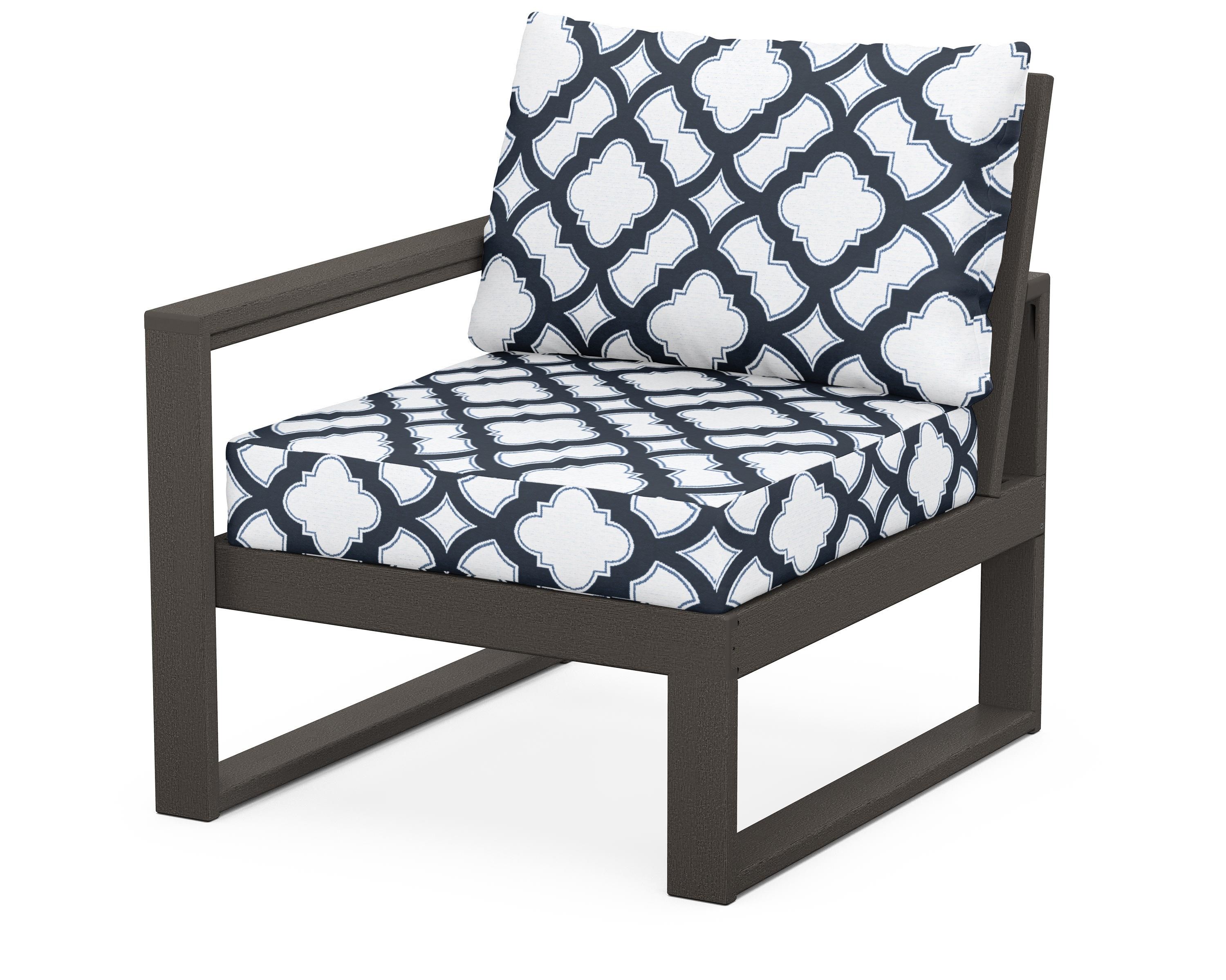POLYWOOD® EDGE Modular Left Arm Chair in Vintage Coffee / Trellis Marine Indigo