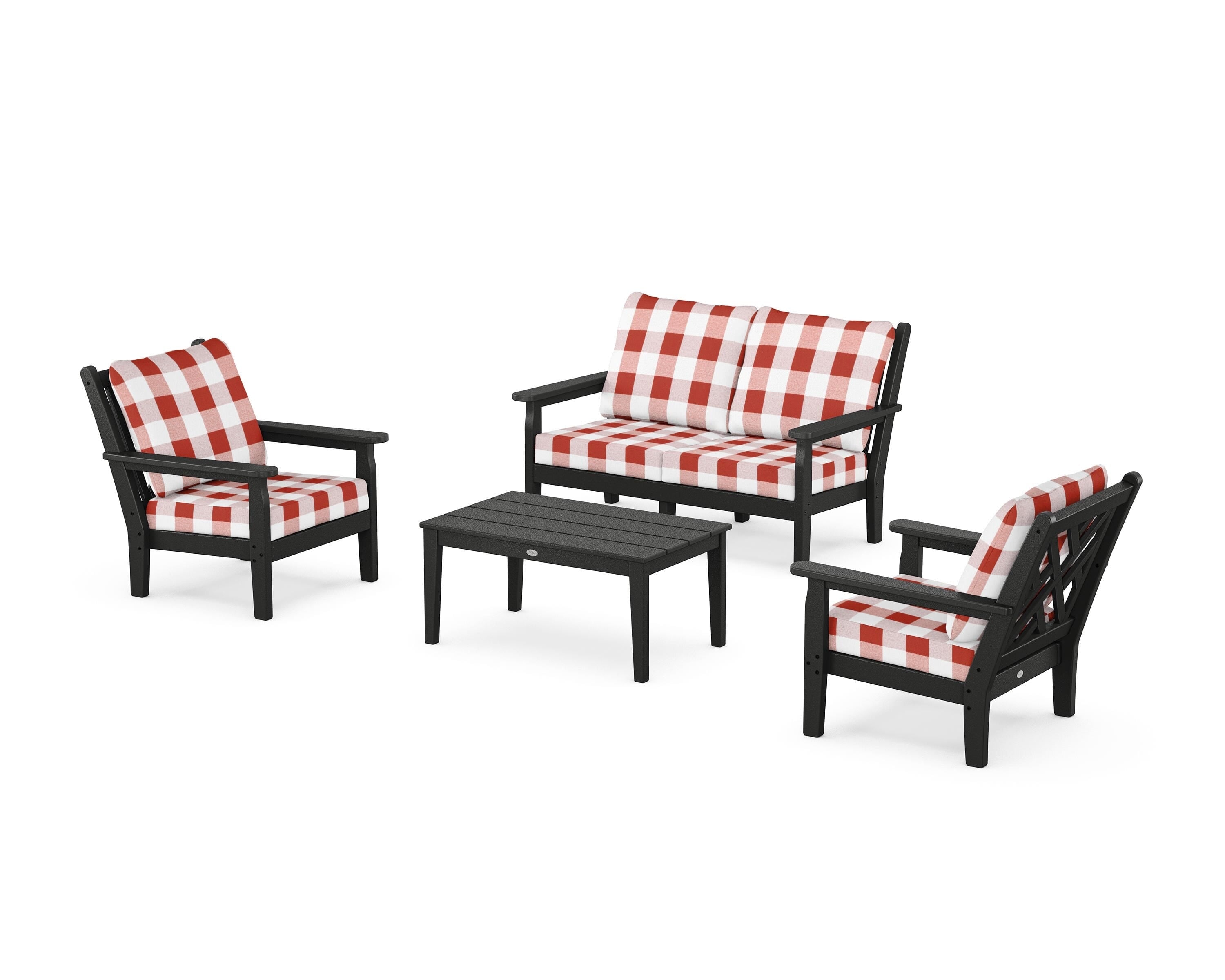 POLYWOOD® Chippendale 4-Piece Deep Seating Set with Loveseat in Black / Buffalo Plaid Crimson