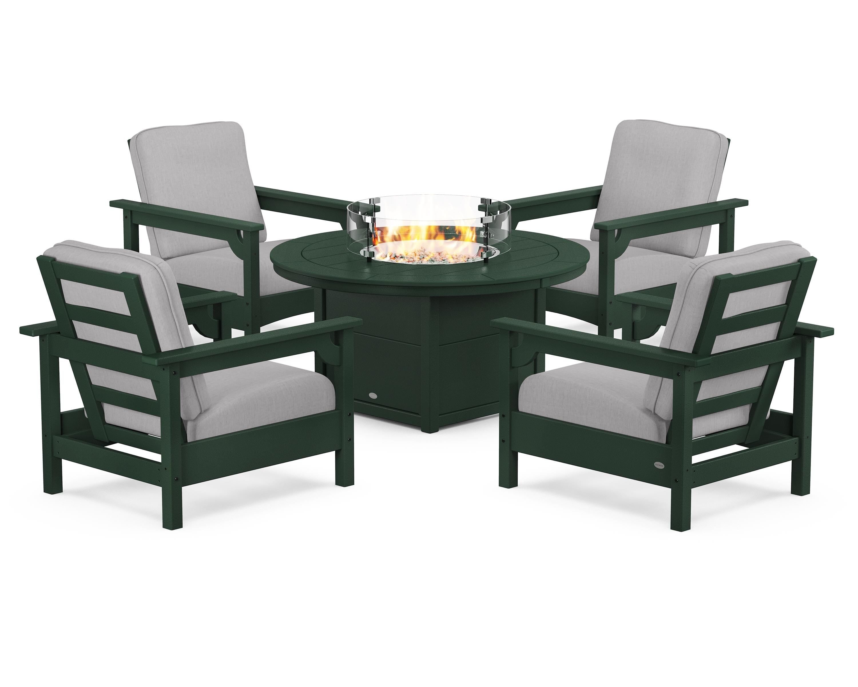 POLYWOOD® Club 5-Piece Conversation Set with Fire Pit Table in Green / Granite