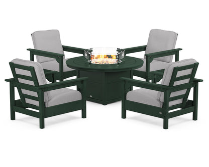 POLYWOOD® Club 5-Piece Conversation Set with Fire Pit Table in Green / Granite