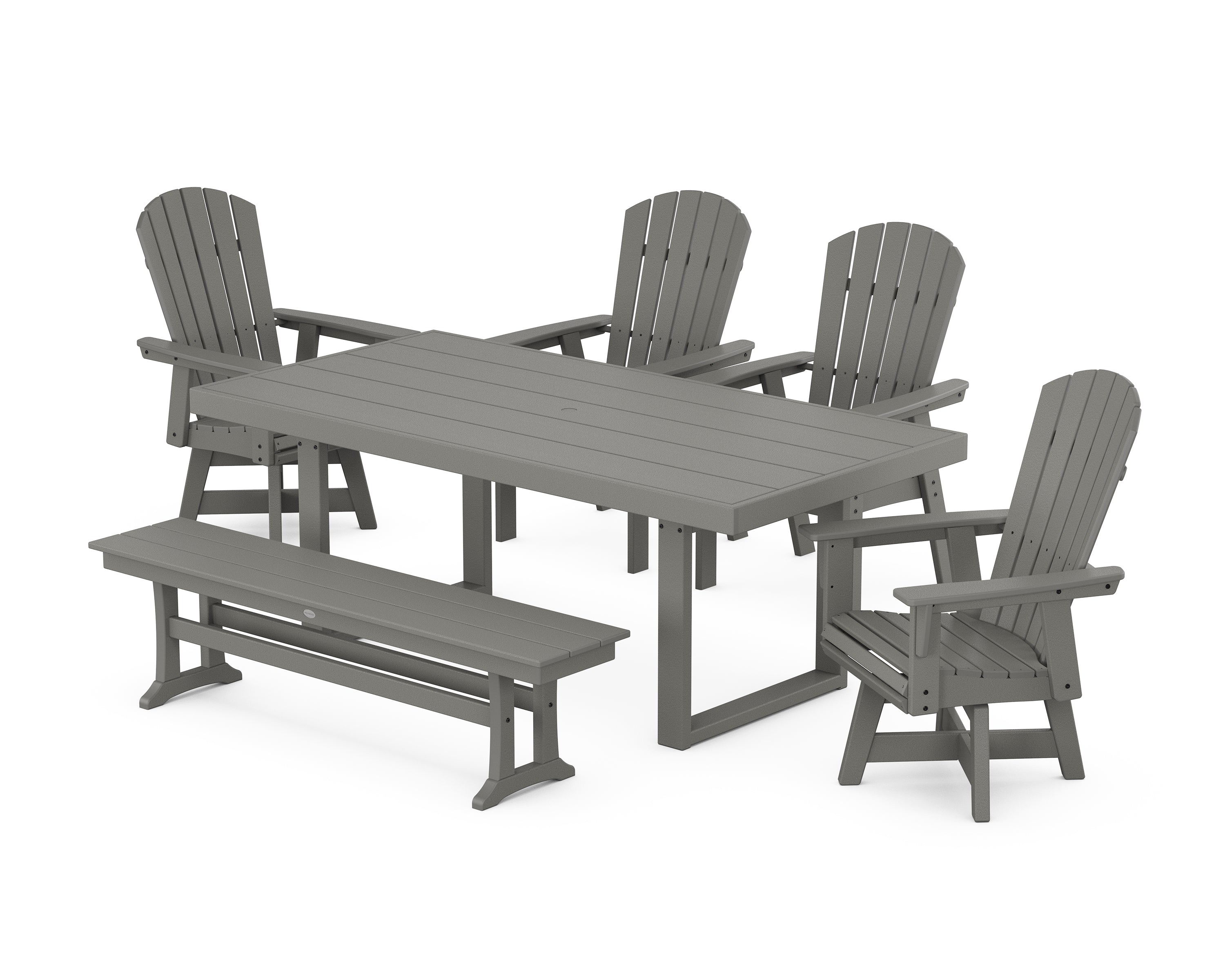 POLYWOOD® Nautical Curveback Adirondack Swivel Chair 6-Piece Dining Set with Bench in Slate Grey