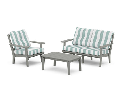POLYWOOD® Oxford 3-Piece Deep Seating Set with Loveseat in Slate Grey / Cabana Stripe Glacier Spa