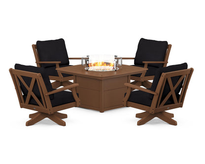 POLYWOOD® Braxton 5-Piece Deep Seating Swivel Conversation Set with Fire Pit Table in Teak / Midnight Linen