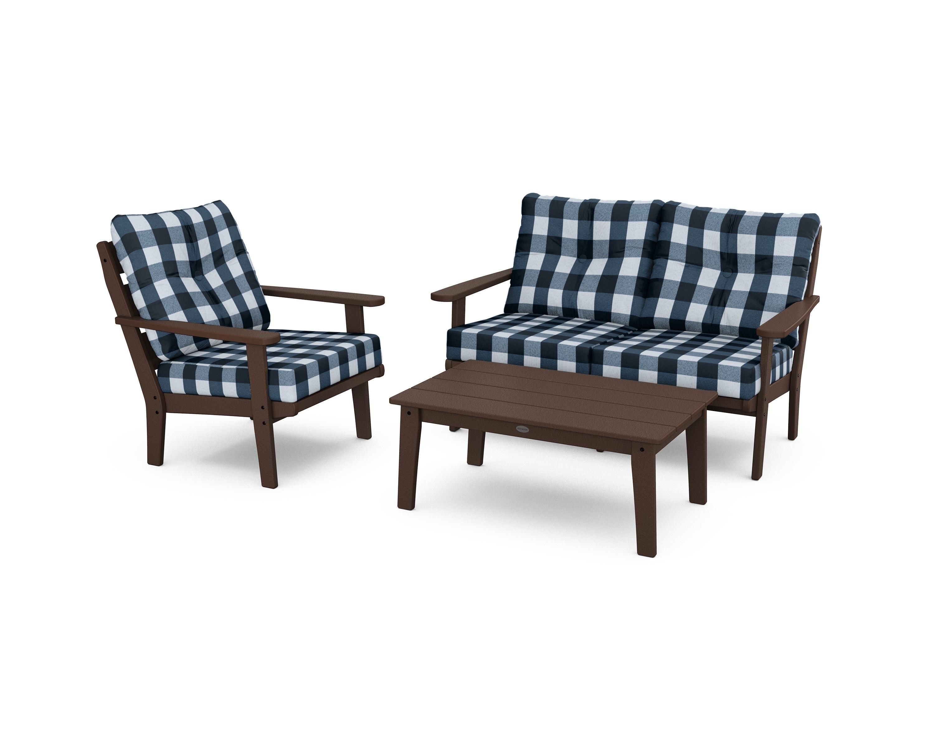 POLYWOOD® Lakeside 3-Piece Deep Seating Set in Mahogany / Buffalo Plaid Marine Indigo