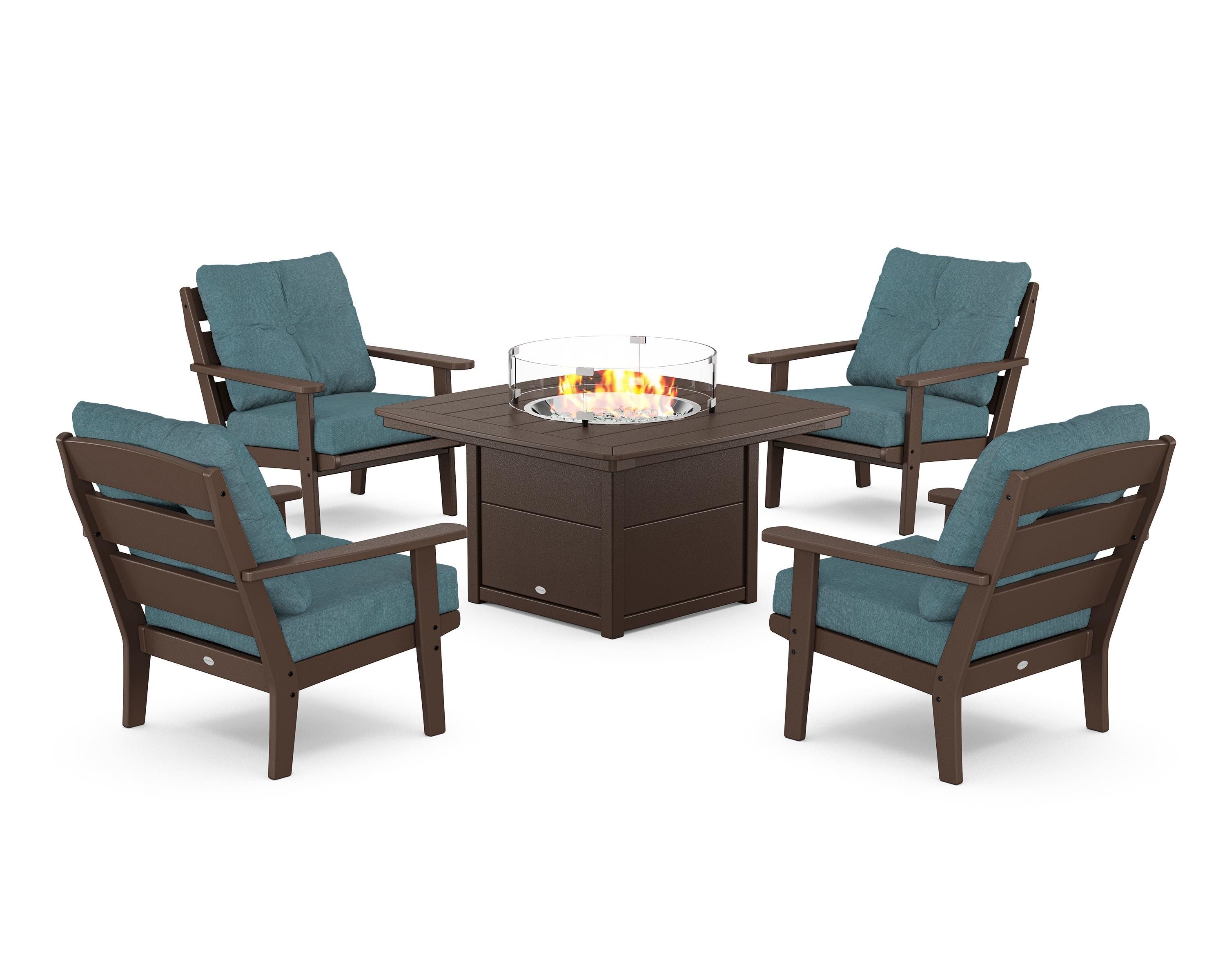 POLYWOOD® Lakeside 5-Piece Deep Seating Set with Nautical Fire Pit Table in Mahogany / Ocean Teal