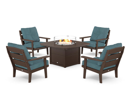 POLYWOOD® Lakeside 5-Piece Deep Seating Set with Nautical Fire Pit Table in Mahogany / Ocean Teal