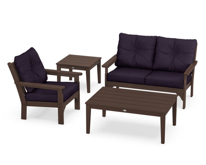 POLYWOOD® Vineyard 4-Piece Deep Seating Set in Mahogany / Navy Linen