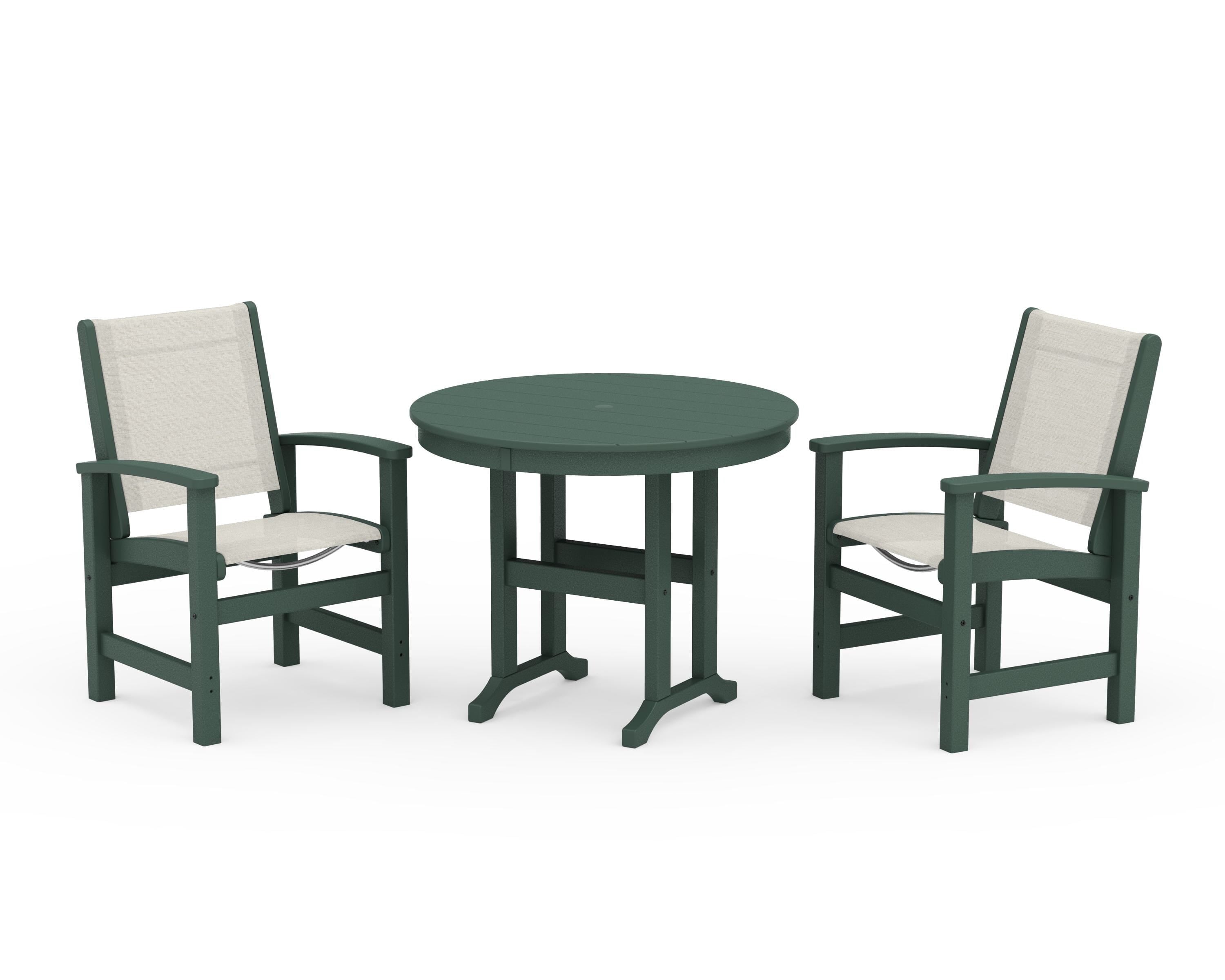 POLYWOOD® Coastal 3-Piece Round Dining Set in Green / Parchment Sling