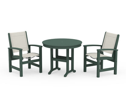 POLYWOOD® Coastal 3-Piece Round Dining Set in Green / Parchment Sling