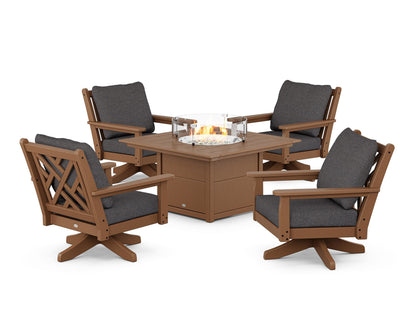 POLYWOOD® Chippendale 5-Piece Deep Seating Swivel Conversation Set with Fire Pit Table in Teak / Ash Charcoal