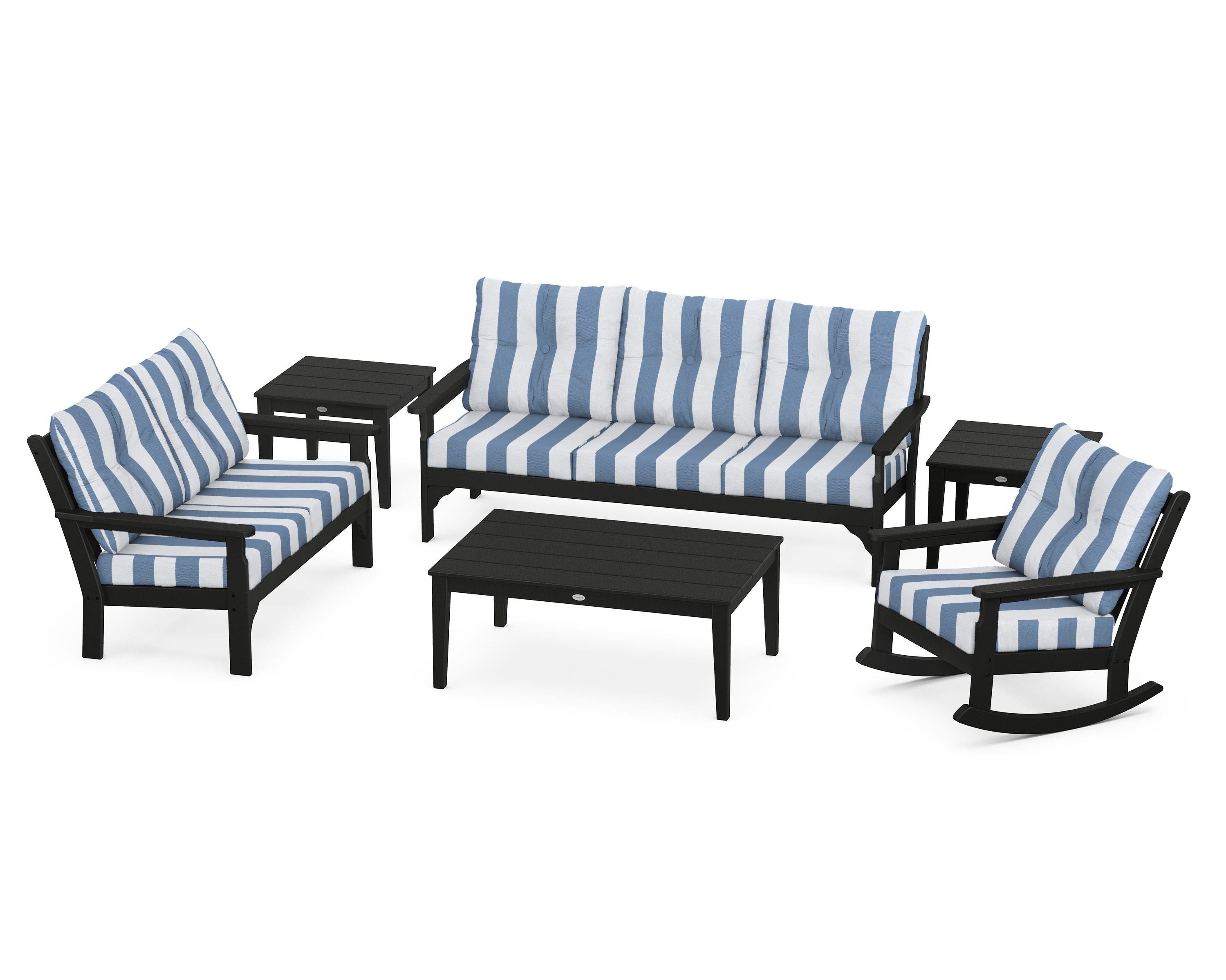 POLYWOOD® Vineyard 6-Piece Deep Seating Set in Black / Cabana Stripe Sky Blue